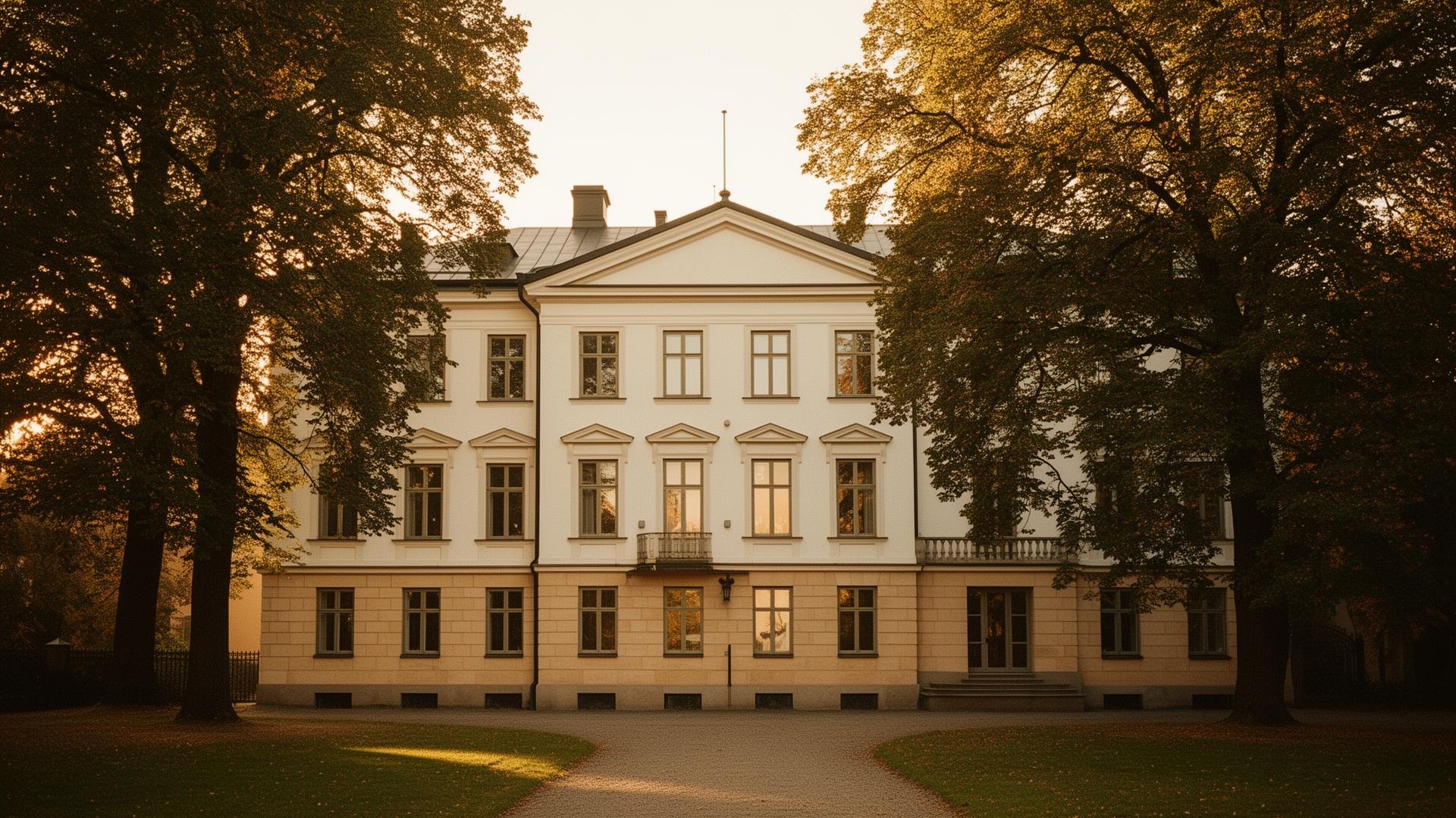 Restored Scandinavian villa at golden hour